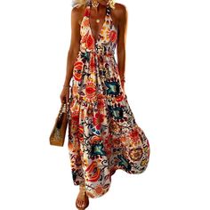 Summer New Style Fashion Deep V Halterneck Open Back Sleeveless Print Resort Beach Dress Split Long Dress, Colorful Dress, Dress Women Elegant, Women Halter, Vestidos Vintage, Suspender Dress, Loose Outfit, Long Summer Dresses, Vacation Dresses