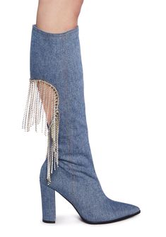 base Denim Pointed Toe Boots For Party, Party Denim Blue Pointed Toe Boots, Denim Blue Pointed Toe Party Boots, Spring Boots With Rhinestone Fringe, Trendy Party Boots With Fringe, Denim Blue Party Boots, Trendy Fringe Boots For Party, Fitted Denim Boots For Party, Fitted Denim Blue Party Boots