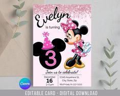 minnie mouse birthday party card with pink and black polka dots on the front, it says evelyn is turning 3 then we're celebrating