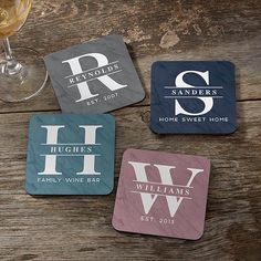 * Custom printed with any initial, name and special message * Background contains a marble-inspired texture * Sold individually  * Top quality, wood composite coaster features a high-gloss laminate front and cork backing * Each coaster measures 3 3/4 square * Made in USA Friends or family will love their last name printed for all to see on the Lavish Last Name Personalized Coasters. Perfect for housewarmings, and much more! Last Name Coasters, Monogram Coasters Diy, Coaster Cricut, Coaster Design Ideas, Height Board, Usa Friends, Customized Coasters, Name Coasters, Table Signage