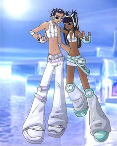 two anime characters standing next to each other in front of a blue sky and water