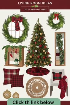 the christmas tree is decorated with red and green plaid pillows, stockings, wreaths and other holiday decorations