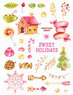 watercolor clip art with candy, candies and christmas decorations