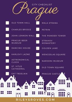 the city checklist for prague in purple and gold, with buildings on it's side