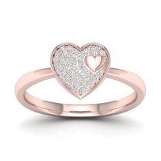 Crafted in 10k gold this diamond fashion ring features a heart frame, set with shimmering round diamonds, at the center. A small puffed heart sits inside this frame. The shank of the ring is finished to a bright polished shine. Simple yet stylish, this heart ring is sure to catch attention. Size: 7. Color: Pink. Gender: female. Age Group: adult. Girls Ring, Heart Promise Rings, Diamond Fashion Rings, Puffed Heart, Rose Gold Heart