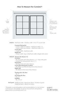 the diagram shows how to measure curtains for different types of windows, including one that is closed