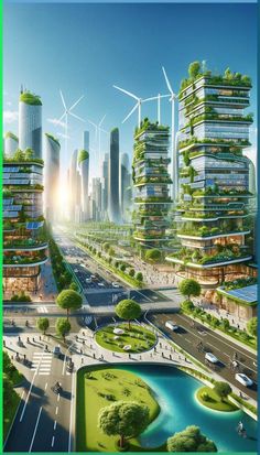 an artist's rendering of a city with green buildings and windmills in the sky