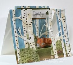 an image of a birthday card with birch trees and fox in the woods on it