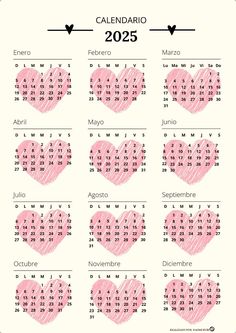 a calendar with hearts drawn on it and the date for each month in spanish language