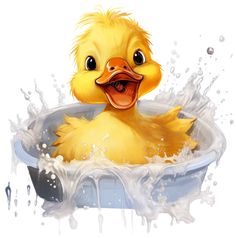 a yellow duck in a blue bathtub filled with foamy water and splashing around it's head