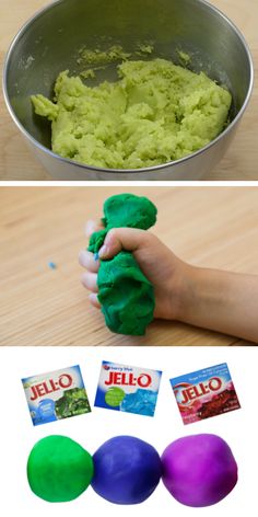 the process for making jello is shown in three different pictures, including green and purple