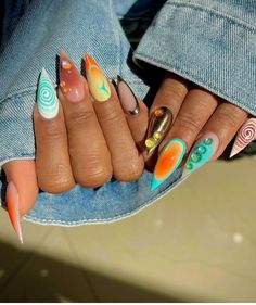 Burning Man Nails, Mismatched Nails Summer, Every Nail Different Design, Complex Nail Designs, Interesting Nail Designs, Video Collage, Summer Nail Art, Colorful Nail