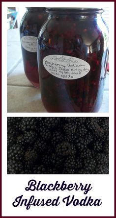 blackberry infused vodka in a glass jar with labels on the top and bottom, next to an image of blackberries