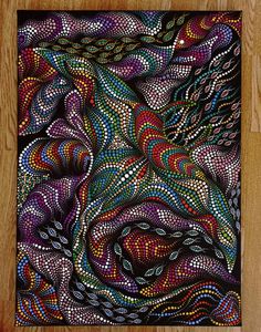 an abstract painting with lots of colors and patterns on black paper, which is made up of