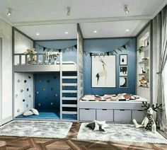 a child's bedroom with bunk beds, rugs and decorations on the floor