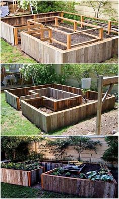 several different types of raised garden beds in various stages of being built and placed together