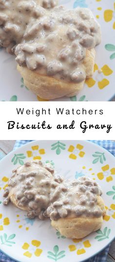 two plates with biscuits and gravy on them