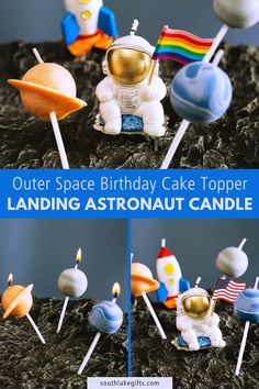 the outer space birthday cake topper is an astronaut candle