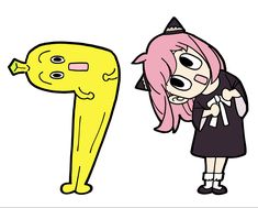 a cartoon character with pink hair standing next to a yellow letter