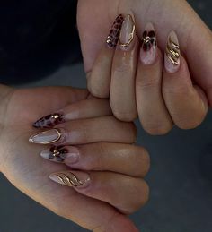 Autumnal Floral Nails, Autumn Style Nails, Almond Blooming Gel Nails, 3d Autumn Nails, Autumn 3d Nails, Long Autumn Nails, Gold Y2k Nails, Winter Dark Nails, Brown Acrylic Nails Almond