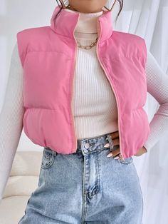 SHEIN EZwear Zip Up Puffer Vest Coat | SHEIN USA Puffer Vest Styling, Shein Hoodies, Chaleco Puffer, Winter Mode Outfits, Outerwear Women Winter, Pink Vest