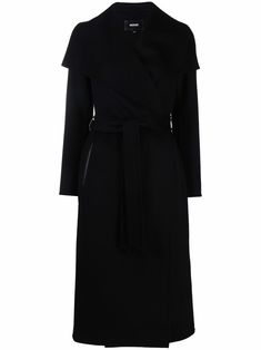 black wool belted waist draped design wide notch lapels side slit pocket long sleeves Farfetch Coat, Belted Wool Coat, Wool Coat Black, Long Black Coat, Chanel Perfume, Style Edit, Fashion Suits For Men, Designer Drapes, Fashion Suits