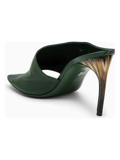 Slip into an effortless blend of style and comfort with these elegant slides. With a unique, horn-like curved heel and a vibrant forest green hue, they're a surefire way to make a fashion statement. Crafted from premium leather, these slides are perfect for those who prefer their luxury with a pop of personality. | Ferragamo Women's Curved Heel Slide in Green | Size US 5 | 07729321CLE Prada Designer, Green Leather, Designer Sunglasses, Watch Design, Bottega Veneta, Forest Green, Fashion Statement, Horn, Designer Shoes