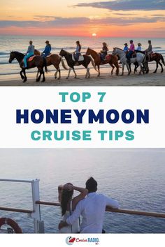 A couple relaxing on a cruise ship deck and a group riding horses along a beach at sunset. First Time Cruise, Cruise Itinerary, First Cruise, Honeymoon Cruise, Romantic Getaway