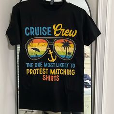 Women’s Cruise Crew Shirt. Brand New Never Worn Size Small Black Text Print T-shirt For Vacation, Black Text Print Top For Vacation, Black Text Print Tops For Vacation, Heart Tee Shirt, Vintage Chanel Handbags, Cruise Shirt, White Halter Maxi Dress, Vacation Shirts, Crew Shirt