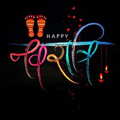 happy diwali text with colorful lights on black background