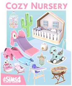 an advertisement for a nursery room with toys and accessories on display in front of it