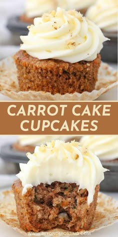 carrot cake cupcakes with cream cheese frosting on top are shown in three different views