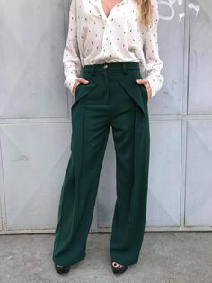 "Women Stylish Pants - wide-leg trousers with mid waist and asymmetric closure. Made from Italian Cotton and Wool. ■ All of our orders are shipped with DHL for FREE. Once we make your order, it will be with you in up to 2 days using the steller and award-winning international shipping services of DHL ■ ConceptBG is your perfect choice for incredible & unique style. Each item is made to order according to the size you pick, we do not hold stock. ■ SIZING ■ This piece comes in sizes from XS to 3XL. The model is wearing size M. ■ Women's SIZE CHART ■ SIZE XS US/Canada 2 UK 4 Europe 32 Australia 6 Japan 5 Bust: around 33 in / 84 cm  Waist: around 26 in / 66 cm Hip: around 35.5 in / 90 cm Approx. height: 5'3\" / 160 cm  SIZE S US/Canada 4/6 UK 6/8 Europe 34/36 Australia 8/10 Japan 7/9 Bust: aro Plus Size Business Attire, Spring Trousers, Formal Costume, Professional Pants, High Waisted Wide Leg Pants, Office Pants, Stylish Pants, Pants Loose, Trouser Style