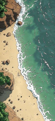 an aerial view of a beach with waves crashing on the shore and rocks in the foreground