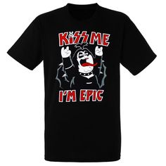 Kiss Me, I'm Epic - In More Ways Than One! This Officially Licensed Family Guy T-Shirt Features Peter Griffin Dressed As Gene Simmons From Kiss. Black T-Shirt With High Quality, Slightly Distressed Screen Printed Design. Standard Men's Sizes. 100% Cotton. Funny Black Shirt For Fan Merchandise, Black T-shirt With Funny Print For Fan Merchandise, Black T-shirt With Funny Print For Fans, Black T-shirt With Funny Print Band Merch, Peter Griffin, American Eagle Shirt, Gene Simmons, Winter Hoodies, Screen Printing Designs