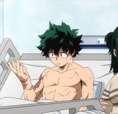 two anime characters sitting in a hospital bed with one holding his hand up to the other