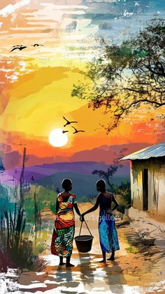 two women walking down a dirt road carrying buckets in front of an orange sunset