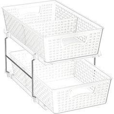 three plastic storage baskets stacked on top of each other