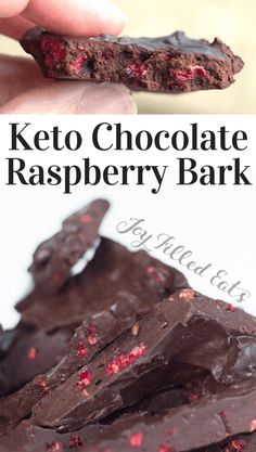 a hand holding a chocolate raspberry bark with the words keto chocolate raspberry bark