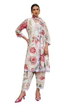 Ivory straight kurta featuring floral print with lace detailing. Paired with a co-ordinating salwar and lotus applique detailed dupatta. - Aza Fashions Lotus Applique, V Neck Kurta, Salwar Pattern, Kurta Set For Women, Straight Kurta, Kurta Set, Set For Women, Aza Fashion, Three Quarter