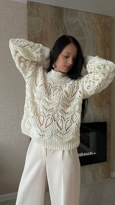 Hand knit lace sweater for women. Chunky knit oversized pullover in cotton. Handmade jumper for summer. Lace knit sweater MADE TO ORDER  Size XS in light cream (as shown) READY TO SHIP Color: 62 light cream Yarn: cotton SIZE CHART Size XS: Width: 49-51 cm Length: 59-61 cm Size S: Width: 52-53 cm Length: 60-62 cm Size M: Width: 54-55 cm Length: 60-62 cm Size L:  Width: 56-58 cm Length: 60-62 cm Size XL: Width: 59-61 cm Length: 61-63 cm Knit Lace Sweater, Handmade Jumper, White Chunky Sweater, Knit Lace, Lace Sweater, Sweater For Women, Hand Knitted Sweaters, Beautiful Sweater, Oversized Pullover