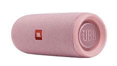 the jbl boom 3 portable bluetooth speaker is pink and has a red logo on it