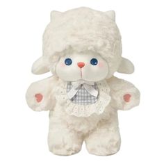 a white teddy bear with blue eyes and a bow around its neck, wearing a gingham outfit