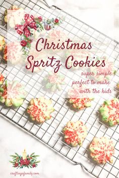 christmas spritz cookies on a cooling rack with the words, christmas sprinkles