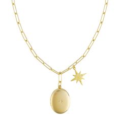 This is part of Chairish’s Costume Jewelry assortment.  Our Locket + Star Compass Necklace is a subtle yet captivating piece designed for everyday elegance. The delicate locket with a sparkling diamond pairs seamlessly with our star compass. It's the epitome of understated sophistication, offering a touch of luxury to your everyday attire!  26” Gold-Filled Long Link Chain with our Oval Locket with Diamond and Star Compass.  CHARM DETAILS: (Star Compass) -Tarnish resistant gold-plating that is long-lasting with proper care -Hefty brass with Heavy Gold Electroplating (HGE certification is a FTC high quality benchmark requiring 100 mils thickness of pure gold)  -14K gold color; plated in a pure 23K bath  -Nickel-free  -Plated with recycled gold in an environmentally-friendly facility that is Oval Locket, Compass Necklace, Everyday Elegance, Sparkling Diamond, Charm Necklaces, Recycled Gold, Pure Gold, Gold Filled Chain, Sparkle Diamonds