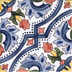 an artistic tile design in blue, yellow and red colors with flowers on the border