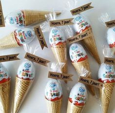 ice cream cones are wrapped in plastic and labeled with names for each individual item,