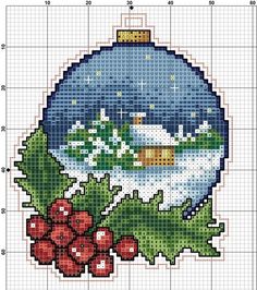 a cross stitch christmas ornament with holly berries