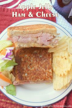 an apple jelly ham and cheese sandwich is on a white plate with potato wedges