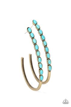 Oval turquoise stones are pressed into the front of a dramatically oversized brass j-shaped hoop, adding an artisan twist to the trendsetting design. Earring attaches to a standard post fitting. Hoop measures approximately 2" in diameter. Sold as one pair of hoop earrings. Paparazzi Games, Black Statement Earrings, Paparazzi Consultant, Turquoise Hoop Earrings, Brass Hoop Earrings, Turquoise Hoops, Accessories Blue, Faux Pearl Earrings, Brass Hoops